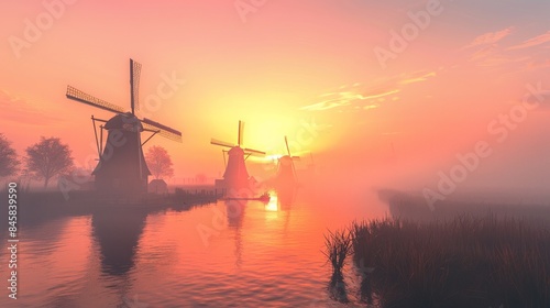 Traditional windmill over water with reflection in a misty morning sunrise © Joyce