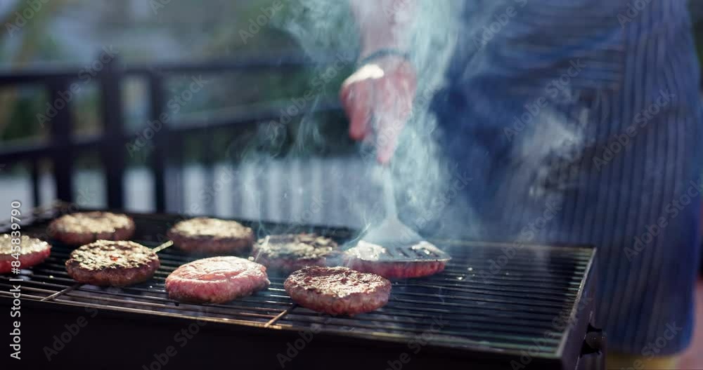 Grill, burger and bbq dinner for party, meat and outdoor backyard cooking. Flames, food and smoke for barbecue, bonding and relax with traditional American culture for Independence day holiday Grill, burger and bbq dinner for party, meat and outdoor backyard cooking. Flames, food and smoke for barbecue, bonding and relax with traditional American culture for Independence day holiday