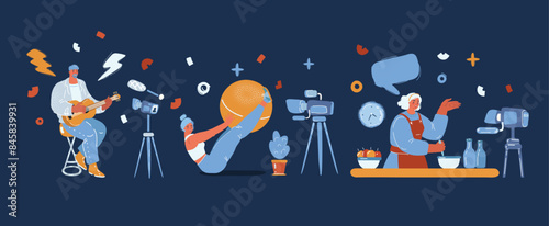 Cartoon vector illustration of Vlogger Recording Broadcast At Home. Bloggers people make video about cooking, musician, sport blogs over dark background