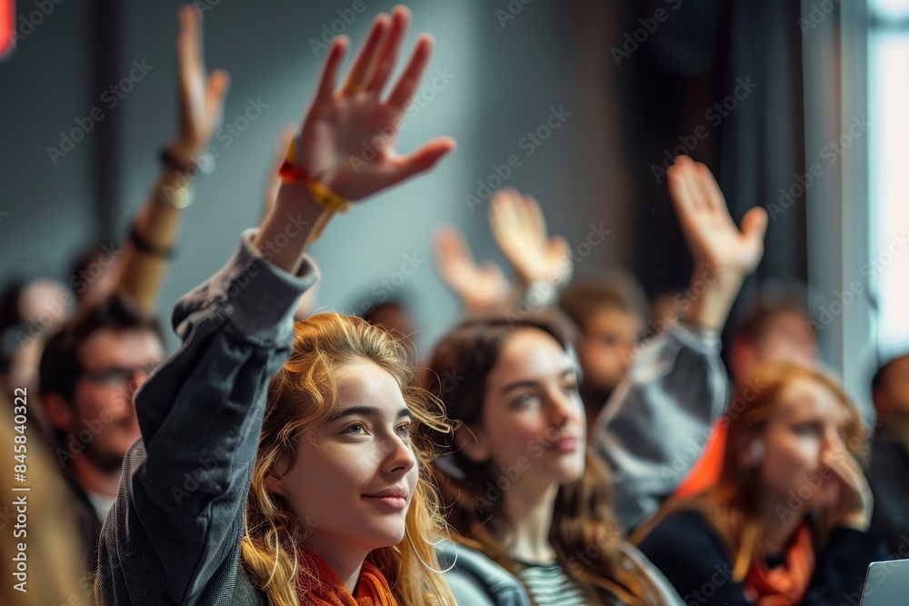 Young woman actively participating in an event by raising her hand among audience