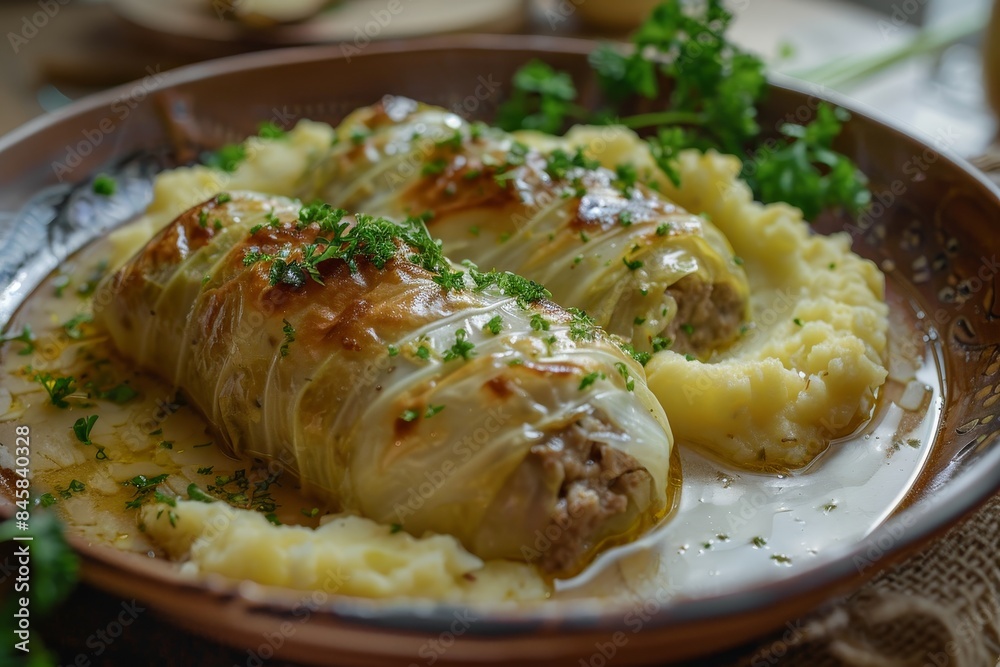 Stuffed cabbage with potatoes ground meat rice Polish and German cuisine Stuffed cabbage with potatoes ground meat rice Polish and German cuisine