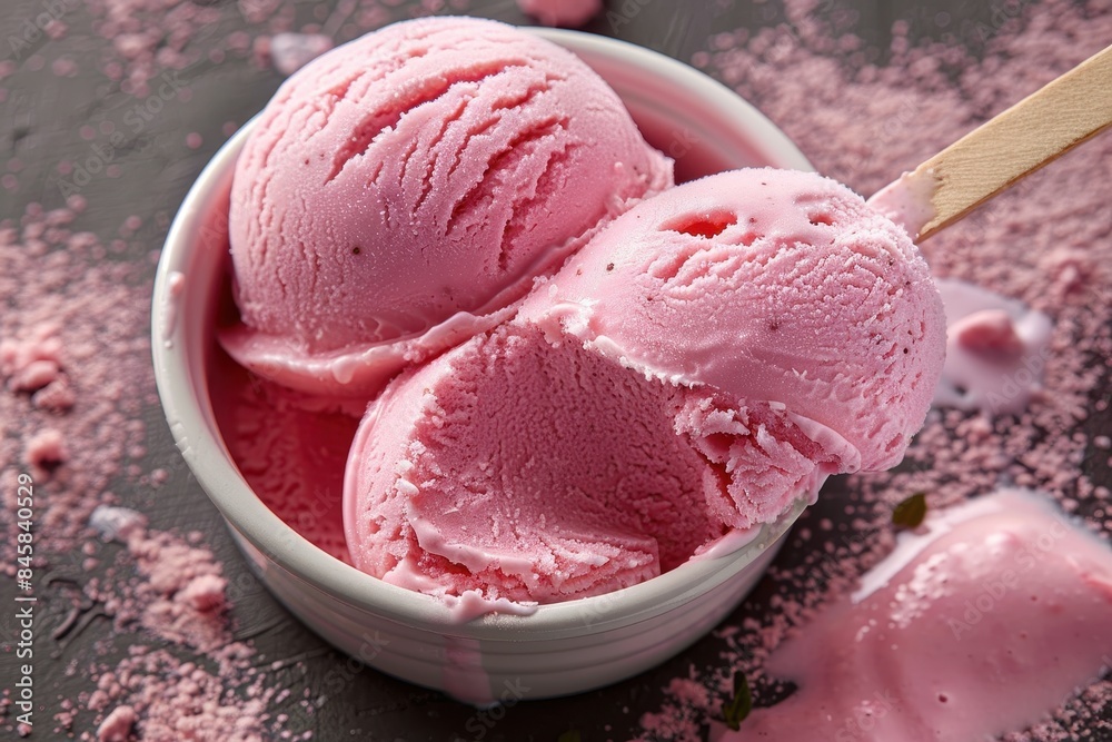 Freshly scooped handcrafted raspberry ice cream with a wooden stick in a melting, messy setting Freshly scooped handcrafted raspberry ice cream with a wooden stick in a melting, messy setting