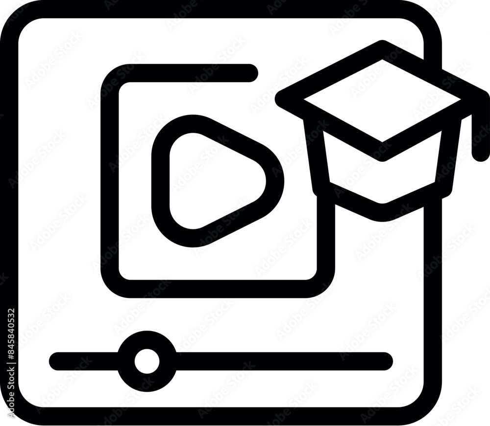 Icon depicting online learning with a video player and graduation hat, symbolizing the completion of a course Icon depicting online learning with a video player and graduation hat, symbolizing the completion of a course