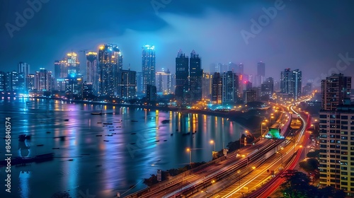 A vibrant cityscape at night, captured in a large photograph with vivid colors and sharp detail