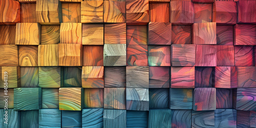 Background with many small square shaped colorful wooden cubes