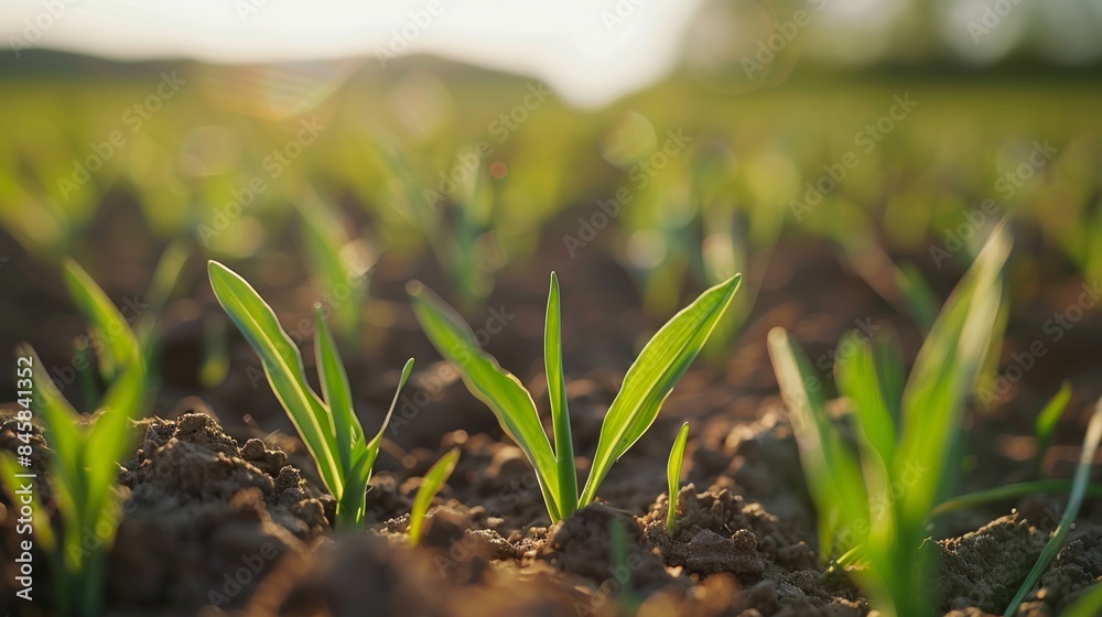 Baby sprout plan of crops growing in field in farm land.