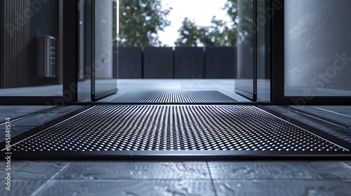 A weather-resistant outdoor mat with a textured surface placed in front of a high-tech electronic door lock system