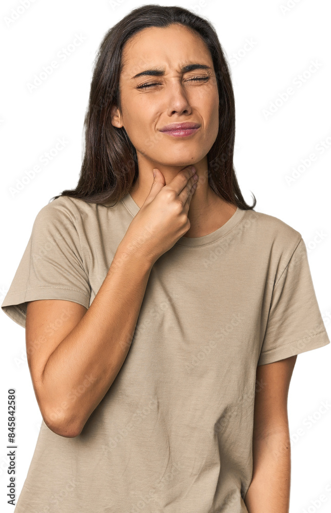 Hispanic young woman suffers pain in throat due a virus or infection. Hispanic young woman suffers pain in throat due a virus or infection.