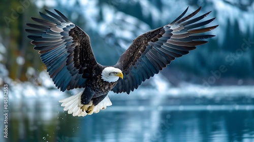 Bald eagle diving with wings outstretched