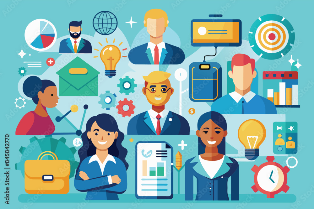 A colorful illustration depicting a diverse team of business professionals working together on a project. A colorful illustration depicting a diverse team of business professionals working together on a project.