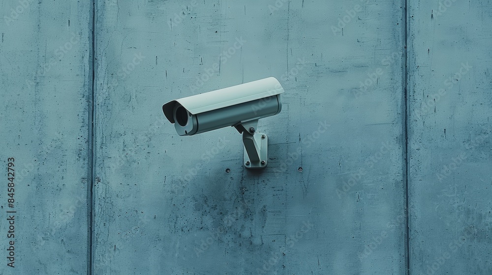 Detailed, minimalist photo of a white security camera on a plain wall, showcasing high-tech surveillance systems