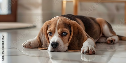 Adorable Beagle Puppy with Floppy Ears Laying on White Floor and Gazing at Camera. Concept Pet Photography, Beagle Puppy, Cute Poses, Indoor Photoshoot, Floppy Ears