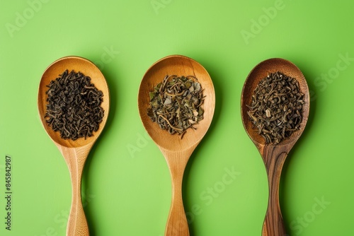 Tea leaves on wooden spoons against green backdrop