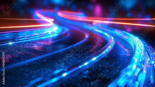 Dynamic abstract background of neon blue streaks, blurred and glowing as if moving at high speed, forming a realistic vector illustration of neon luminance