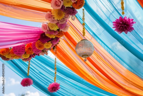 Tent decorated at wedding with umbrellas glass flowers colorful cloth photo