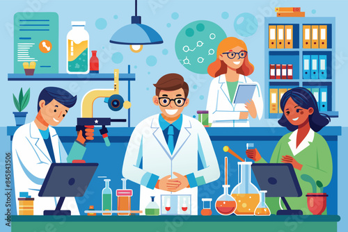 A diverse team of scientists are working in a laboratory. They are conducting experiments, using lab equipment, and discussing their research.