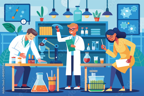Three scientists work together in a well-equipped lab, conducting experiments and studying scientific data.