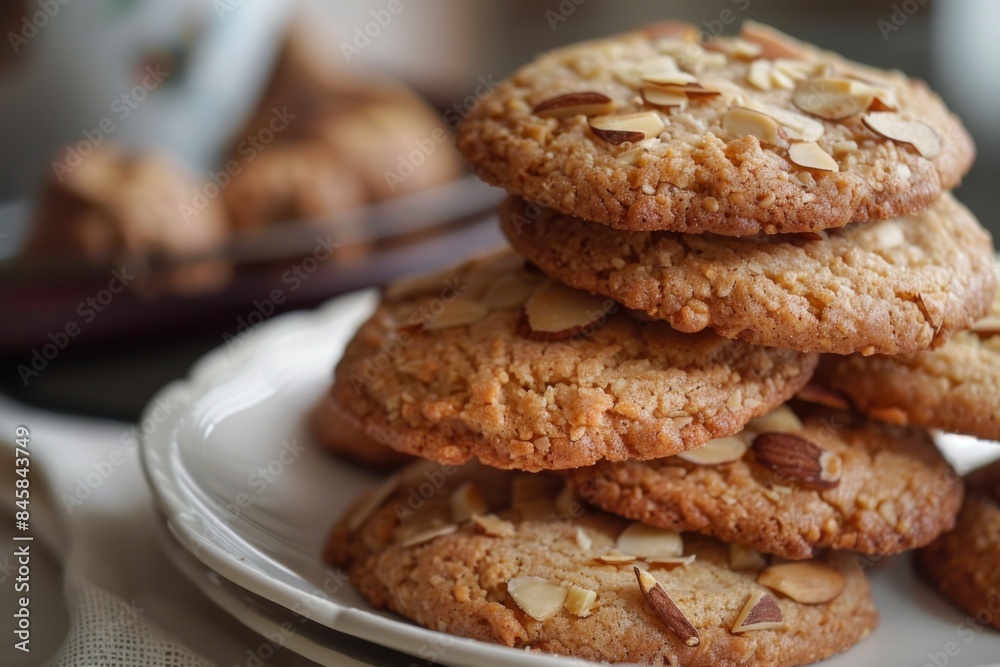 Stack of almond cookies, sugar food background 
