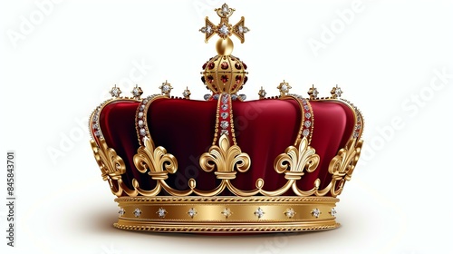 3D rendering of a golden crown with red velvet inside and diamonds. The crown is isolated on a white background.