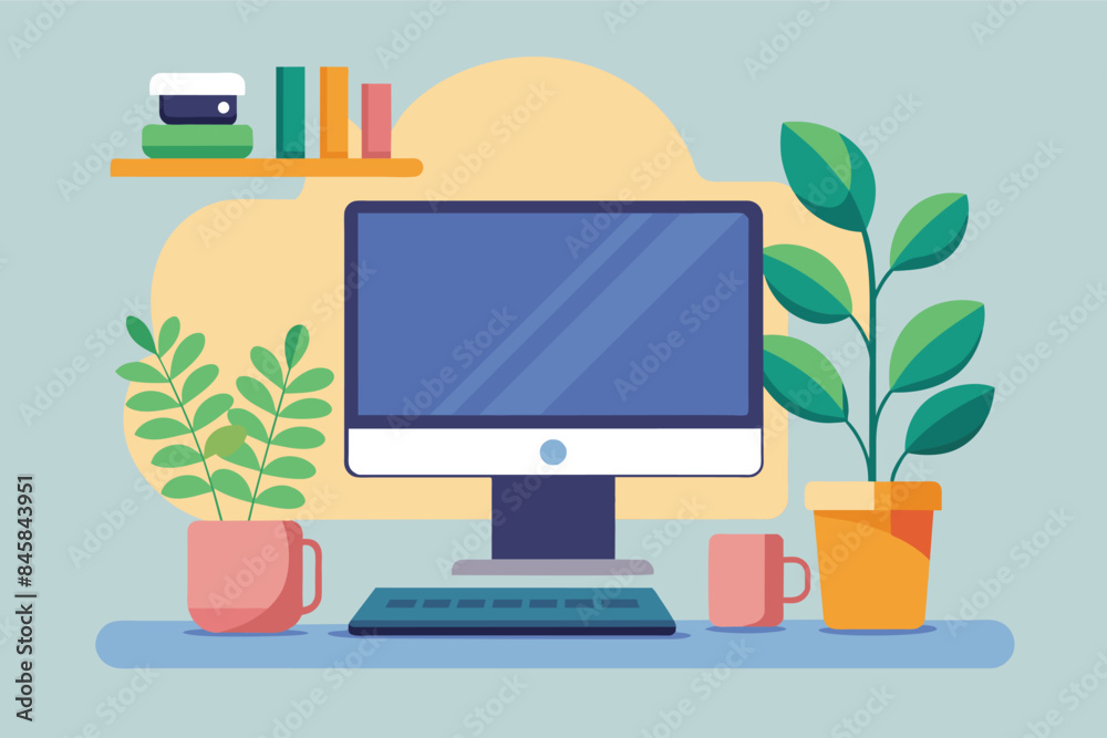 A simple illustration depicting a modern home office with a computer, plants, and a bookshelf. The image showcases a clean and organized workspace. A simple illustration depicting a modern home office with a computer, plants, and a bookshelf. The image showcases a clean and organized workspace.