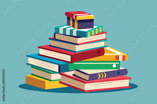 A digital illustration of a stack of colorful books on a blue background. The books are neatly arranged, with the largest at the bottom and the smallest at the top.