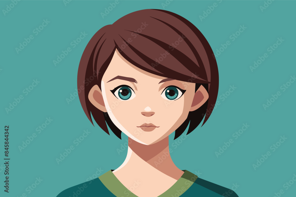 A digital illustration of a young woman with brown hair, blue eyes, and a neutral expression, set against a teal background. A digital illustration of a young woman with brown hair, blue eyes, and a neutral expression, set against a teal background.