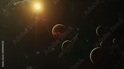 A high-definition view of the Trappist-1 system, with multiple exoplanets orbiting a red dwarf star. photo