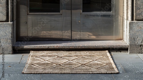 A woven jute mat with a geometric pattern laid out in front of a steel entrance door