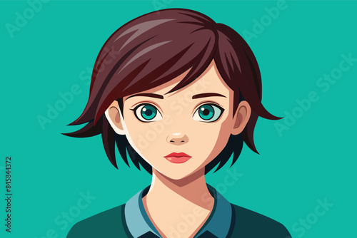 A digital portrait of an anime character with short, brown hair, blue eyes, and a serious expression. The character is wearing a blue shirt and is set against a teal background.