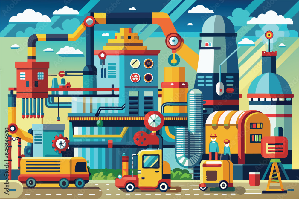 Naklejka premium A colorful illustration of a futuristic factory with workers, vehicles, and intricate machinery. The scene features multiple buildings and pipes, representing a bustling industrial complex.