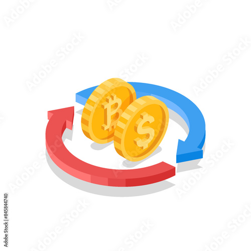 isometric vector arrows around a coins with the dollar and bitcoin icon, in color on a white background, currency exchange