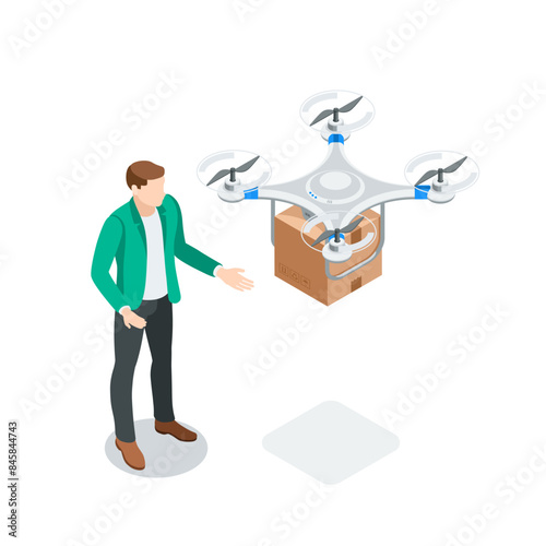 isometric vector mail drone with a box and man, in color on a white background, modern technology or delivery of parcels and orders