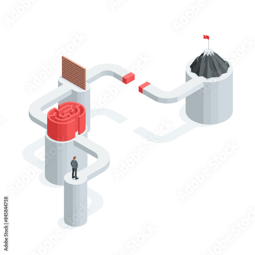 isometric vector business man stands on the path with obstacles to achieve the goal, in color on a white background, a difficult path to the goal