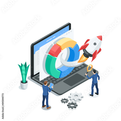 isometric vector rocket flying out of a pie chart on a laptop screen and working business people, in color on a white background, startup or rapid progress