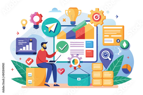 A man sits in front of a laptop, analyzing business data. Charts and graphs, along with other business icons, surround him.