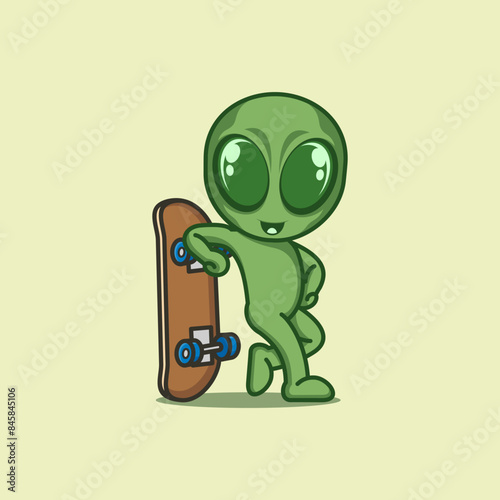 cute cartoon alien with skateboard