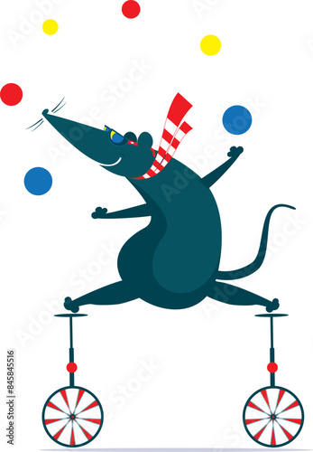 Cute rat or mouse balances on the unicycles. 
Cartoon rat or mouse balances on unicycles and juggles the balls. Isolated on white background
