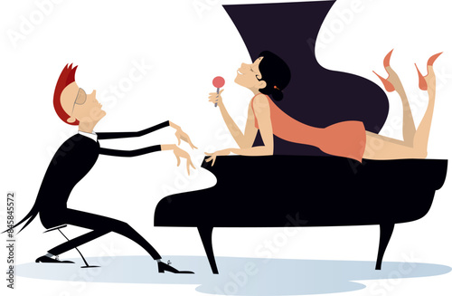 Couple musicians. Singer woman and pianist man. 
Duet of musicians. Pianist man and laying on the piano singer woman 
