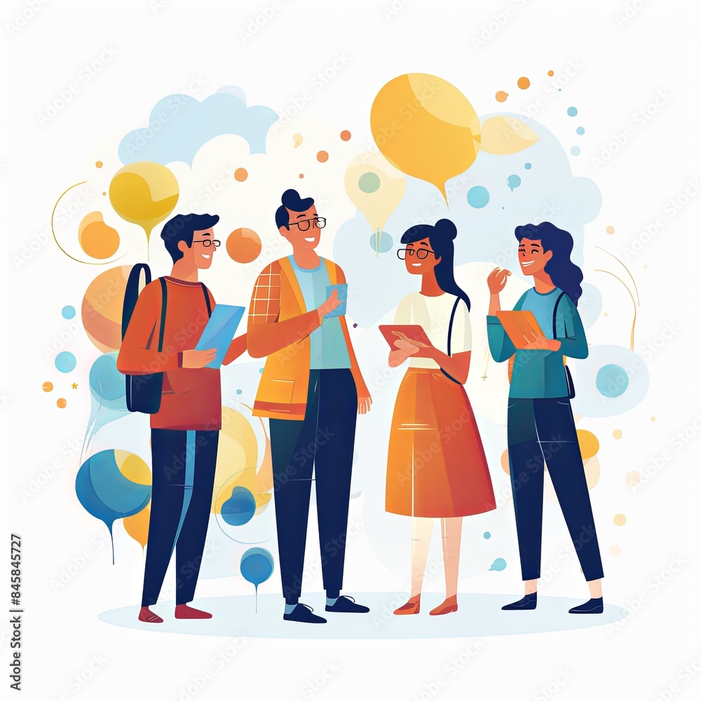 flat vector style illustration, a diverse group of people talking and collaborating, on white background flat vector style illustration, a diverse group of people talking and collaborating, on white background