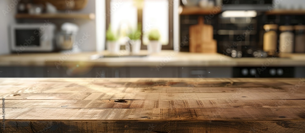 Wooden tabletop against a blurred kitchen background: ideal for showcasing products or designing visual layouts. Wooden tabletop against a blurred kitchen background: ideal for showcasing products or designing visual layouts.