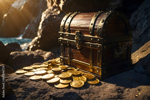 Pirate Chest Overflowing with Gold and Fortune in a Mysterious Dark Cave. Sunlight coming through. Lucky winner. Lucky draw. Win or lose. Treasure hunting.