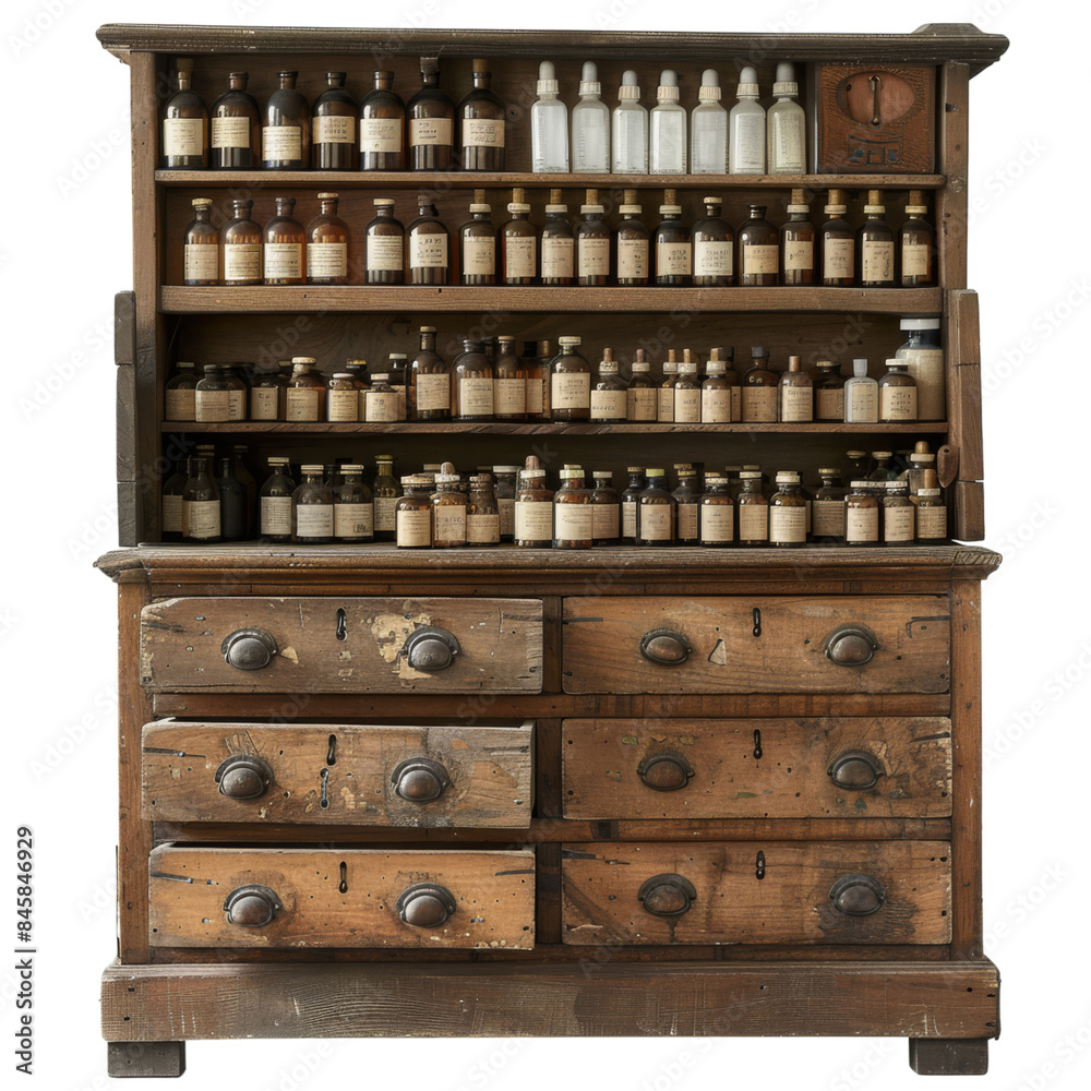 Antique Wooden Apothecary Cabinet with Assorted Bottles and Drawers Antique Wooden Apothecary Cabinet with Assorted Bottles and Drawers