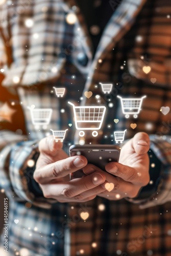 Online shopping concept: blurred background of Man holding smartphone with shopping cart icons © Kamil
