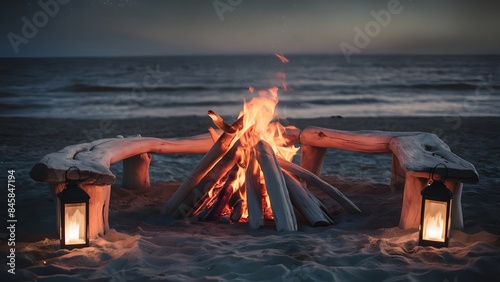 A summer evening beach background with a bonfire  a cozy fire driftwood benches, softly glowing lanterns  backdrop a darkening sky with stars  photo