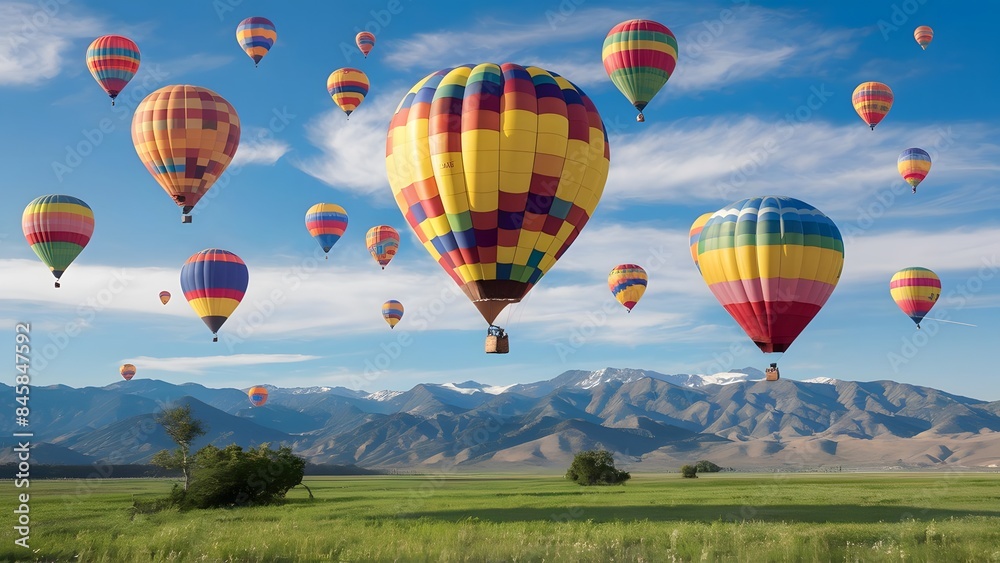 Fototapeta premium A summer background of a hot air balloon the sky filled with colorful balloons drifting over mountain sky