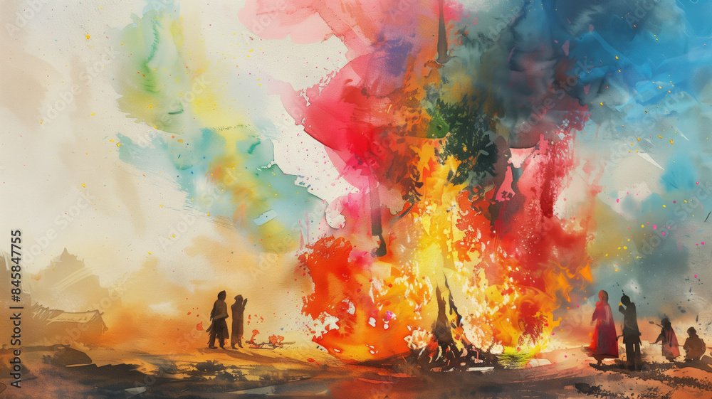 Happy Holi!Happy holika dahan!happy new year!Lag BaOmer,Bonfire and colorful smoke, watercolor painting
Happy Holi!Happy holika dahan!happy new year!Lag BaOmer,Bonfire and colorful smoke, watercolor painting