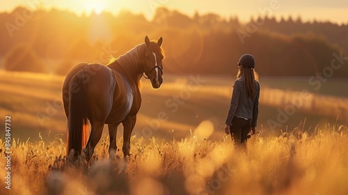 The picture of the cowboy or horse trainer with the horse that has been surrounded with wild nature under the sun at the dawn or dusk time, horse trainer require handling skills and technique. AIG43. © Summit Art Creations