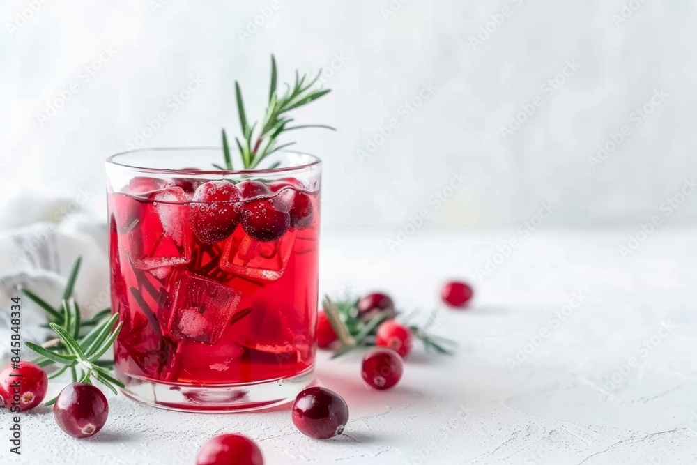 Refreshing cranberry cocktail with ice and rosemary on white background Refreshing cranberry cocktail with ice and rosemary on white background