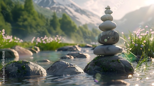 The concept of balance depicted by a perfectly stacked arrangement of stones in a serene mountain stream