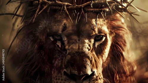 Lion with a crown of thorns symbolizing Jesus' sacrifice and strength photo